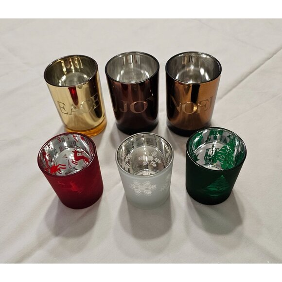 Holiday-Themed Votive Candle Holders Set Of 6 Gold Red Green White Copper Design - Picture 2 of 12